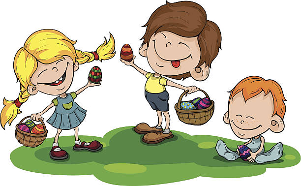 There are three children on the meadow and they are holding easter eggs in the hands